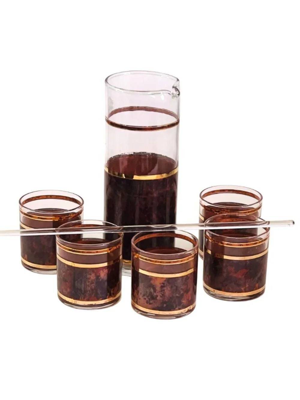 Vintage Culver Tortoise Cocktail Set w/ Pitcher 4 Glasses Stir Stick MCM 22k Bar